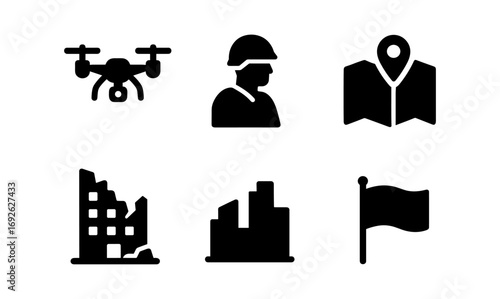 Military operations icons: drone, soldier, map, ruins, city, flag silhouettes