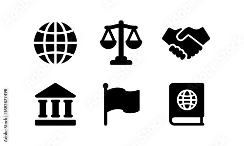Set of six black silhouette icons representing global and legal concepts