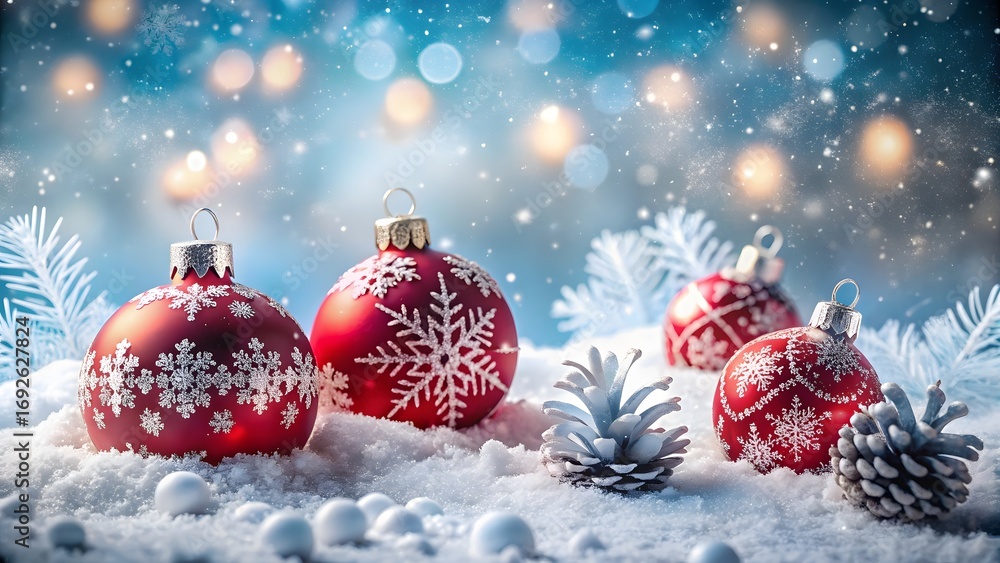 Fototapeta premium Festive Holiday Scene Red Christmas Ornaments Adorned with Snowflakes Pine Cones Resting Gently on Fresh White Snow Bokeh Lights