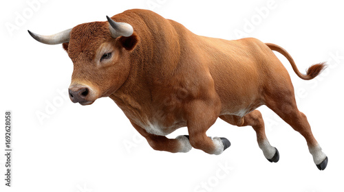 Majestic Bull in Dynamic Motion: A powerful and muscular bull charges forward with unwavering determination, its horns gleaming under the bright light. 