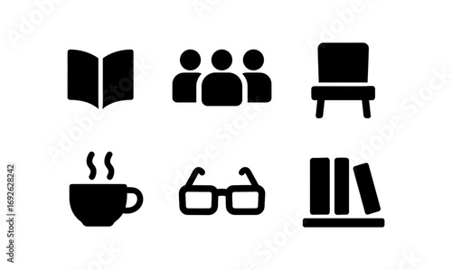 Silhouette icons of reading and relaxation: book, armchair, coffee, glasses, bookshelf
