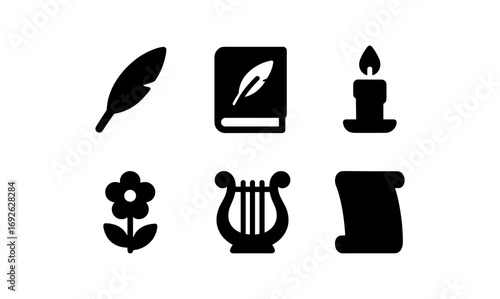 Classic literature icons: silhouette of quill, book, candle, flower, lyre, and scroll