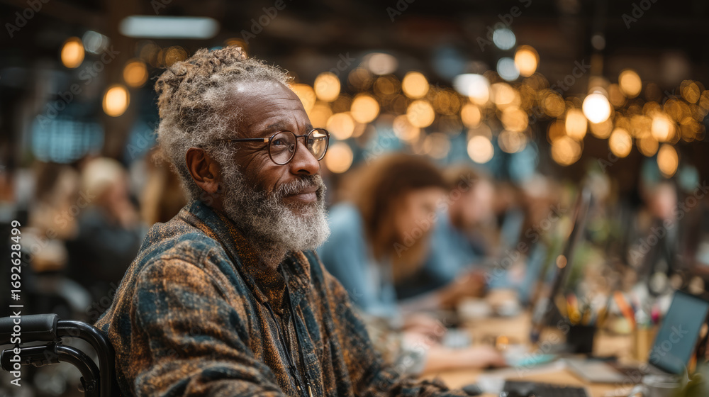Fototapeta premium Smiling senior man working in a busy creative collaborative office environment