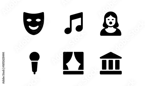 Minimalist black icons of performing arts: theater, music, and culture