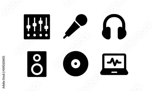 Black audio equipment symbols: microphone, headphones, and sound mixer icons