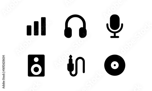 Minimal music icons set featuring headphones microphone speaker cable disk