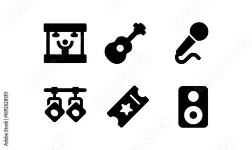 Music and event icons: concert guitar, microphone, and stage elements