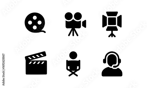 Film and production icon set: camera, director, and sound equipment silhouettes