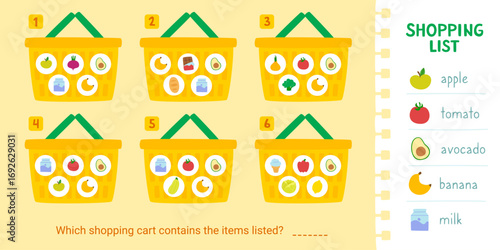 Shopping mini game for kids with food. Supermarket game for children.