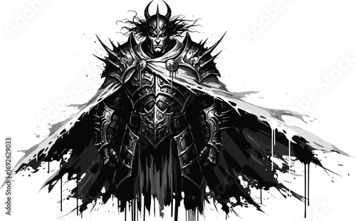 Dark fantasy warrior in ornate armor with tattered cape
