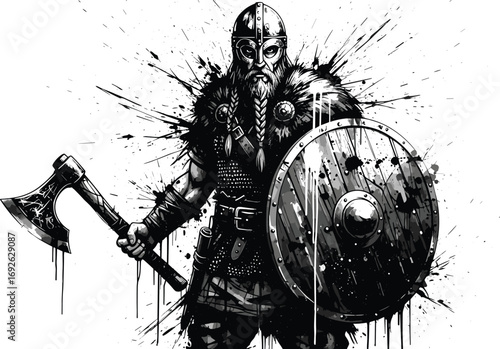 Viking Warrior with Axe and Shield Black and White Sketch