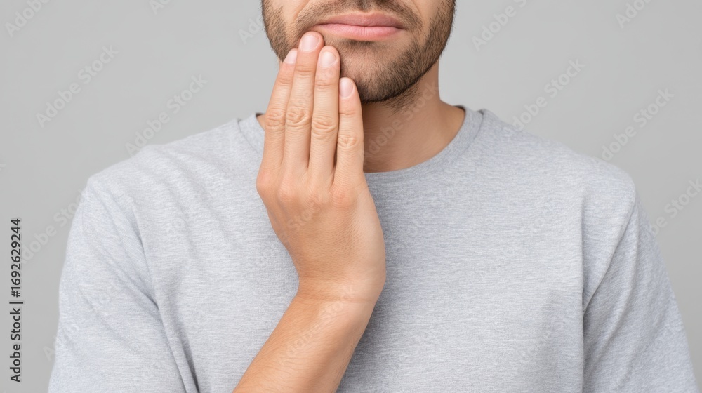 Fototapeta premium Thoughtful man touching his chin while contemplating ideas against a plain grey background with natural lighting in a casual setting