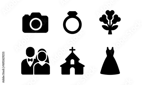 Wedding icon collection: camera, ring, flowers, couple, church, dress