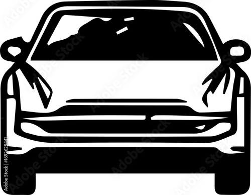 Black and white car with a bow on the front. The bow is tied to the car's bumper