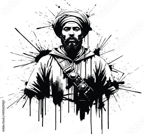 Man with Turban and Bandolier in Ink Splatter Style