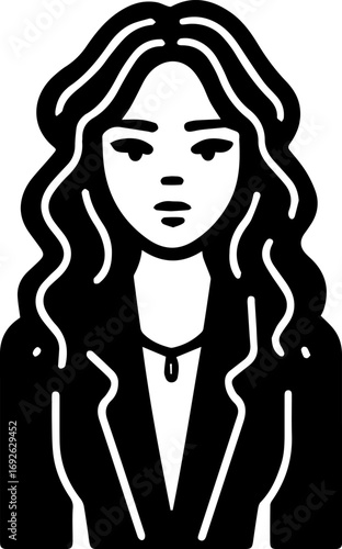 Woman with long hair is wearing a black jacket and necklace. She has a serious expression on her face