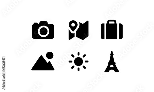 Travel icons set: camera, map, suitcase, landscape, sun, eiffel tower