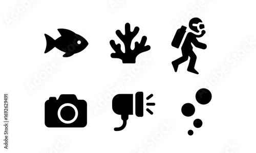 Underwater adventure icons: fish, diver, coral, camera, flash, bubbles