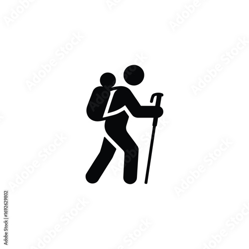 Person hiking with backpack and stick icon isolated on transparent background