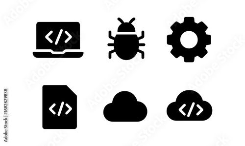 Silhouette coding and technology icons: laptop, bug, gear, file, cloud