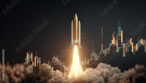 Rocket launching into space with financial data overlay