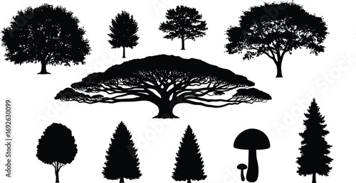 Collection of diverse tree silhouettes and stylized mushrooms against a white background