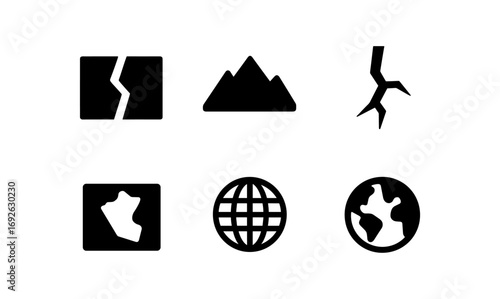 Geography and nature symbols: earthquake, mountain, and globe icons in silhouette style