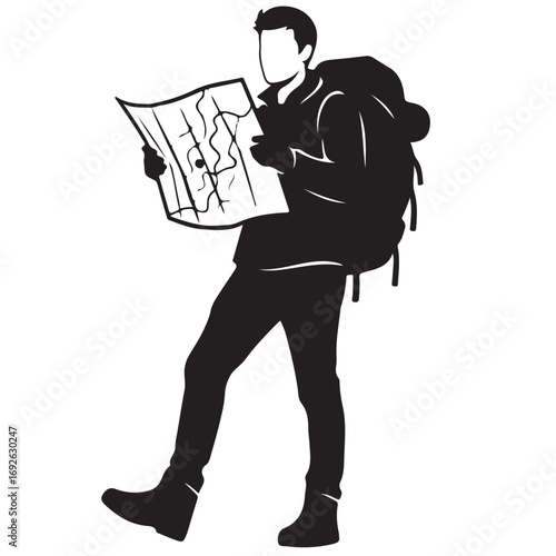 Stylized Backpacker Reading Map for Outdoor Navigation
