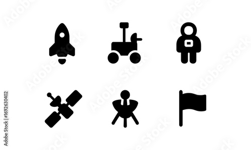 Simple space icons set: rocket, rover, astronaut, satellite, antenna, flag