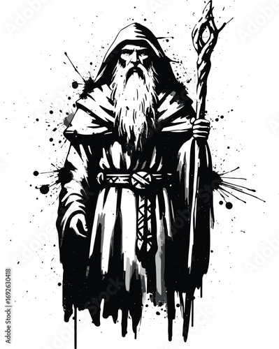 Wizard holding a staff, illustrative ink splash art