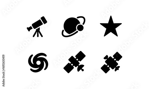 Astronomy icons: telescope, planet, star, galaxy, satellite in silhouette style