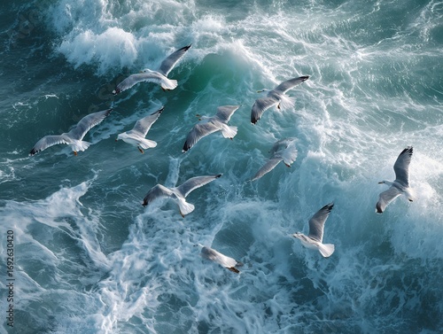 Dynamic aerial view of seagulls soaring over ocean waves hyper realistic motion blur photography wildlife action scene natural light