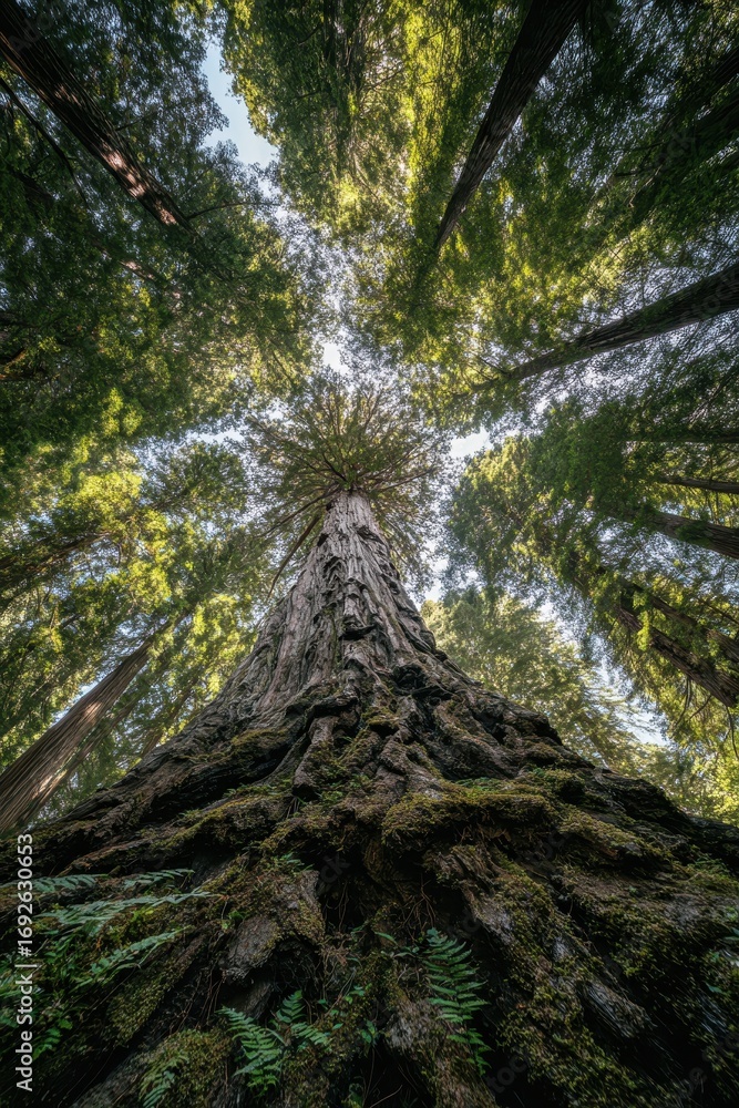 Fototapeta premium Towering Redwood - A Majestic View from the Forest Floor.