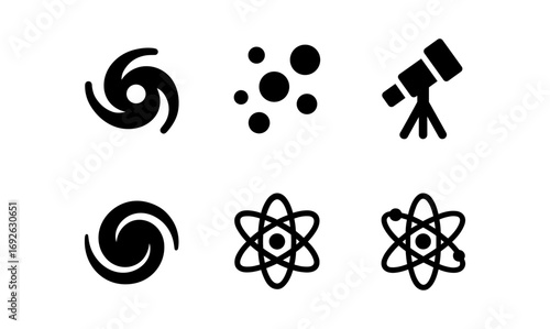 Minimalist science icons: telescope, atoms, galaxy, and molecules