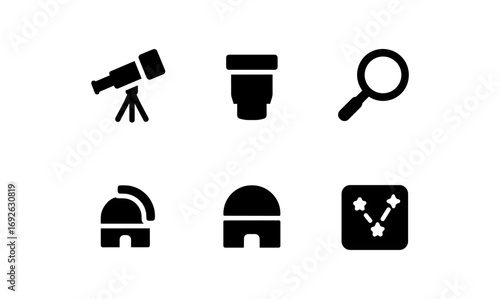 Astronomy equipment icons featuring telescope, lens, and observatory in minimalist style