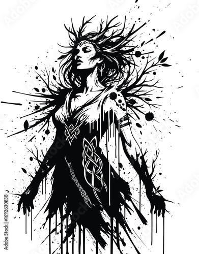 Black and white illustration of a mystical woman with branches in her hair