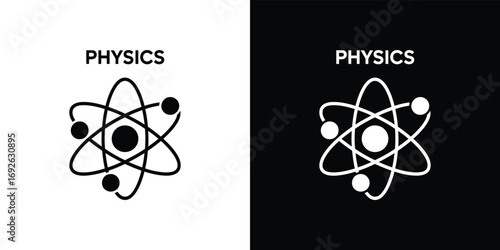 Physics Atom Icon on Duality, Black & White, Showing Core Electrons and Physics Word