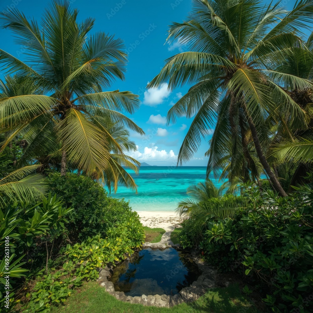 Fototapeta premium Tropical beach with palm trees by the sea