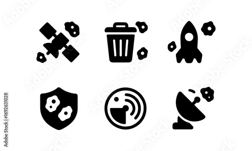 Space debris icons collection: satellite, trash, rocket, shield, radar, dish