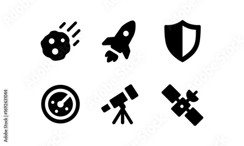 Space elements icons: rocket, satellite, meteor, shield, telescope, radar symbols