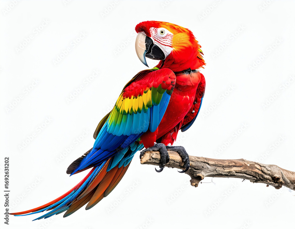 Fototapeta premium Exotic tropical Scarlet Macaw bird displaying its beautiful rainbow-colored plumage while perched on a branch, isolated on a white background