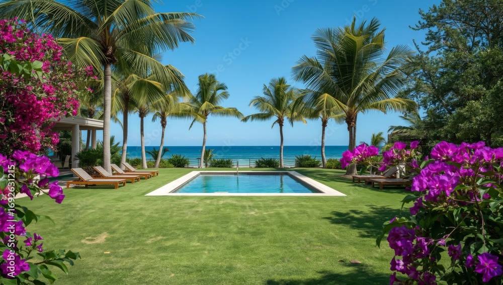 Fototapeta premium Tropical resort swimming pool surrounded by palm trees and ocean views