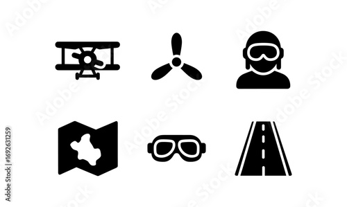 Aviation icons set featuring pilot gear and travel essentials in black and white