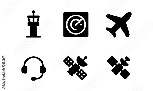 Aviation icons: control tower, radar, airplane, headset, satellite symbols