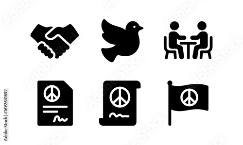 Peace icons set: handshake, dove, agreement symbols in solid black design