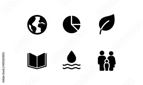 Eco and community icons in minimalist black silhouette design