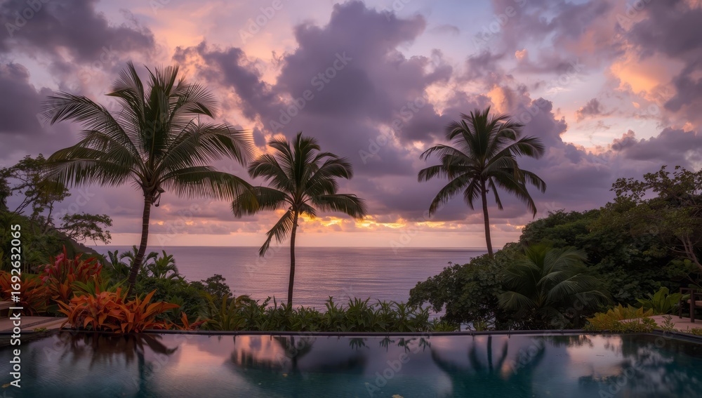 Fototapeta premium Palm trees by the sea with a beautiful tropical sunset over the ocean
