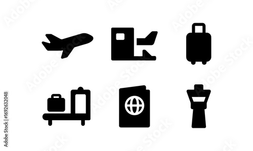 Travel silhouette icons: airplane, luggage, passport, terminal, control tower