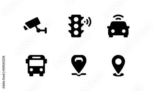 Urban transportation and surveillance icons set in minimalist style