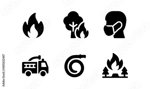 Silhouette fire safety icons: firefighter, tree, mask, truck, hose, campfire